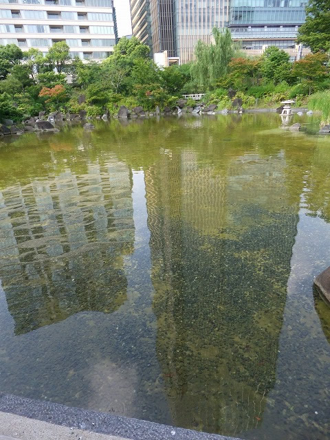 庭園 池に映る東京ミッドタウン